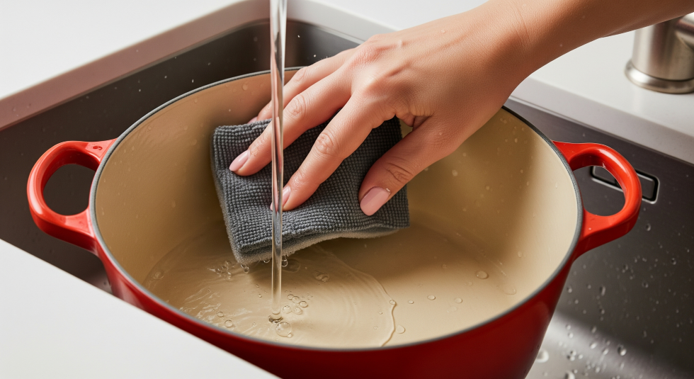 Mão limpando uma panela Le Creuset com esponja macia, mostrando facilidade de limpeza